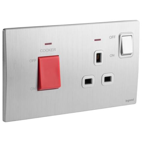 MALLIA SENSES - 2 GANG COOKER UNIT CONTROL - 45A - WITH BS SOCKET OUTLET - 13A - BRUSHED ALUMINIUM