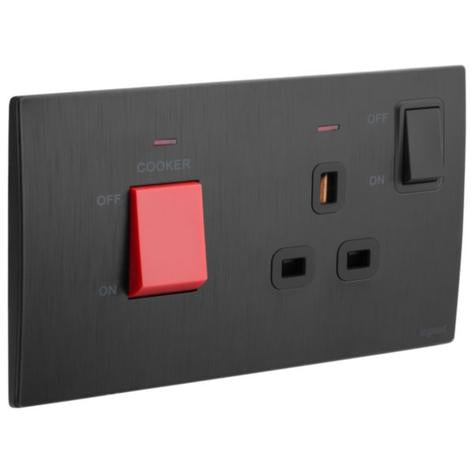 MALLIA SENSES - 2 GANG COOKER UNIT CONTROL - 45A - WITH BS SOCKET OUTLET - 13A - BRUSHED BLACK