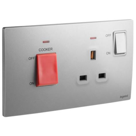 MALLIA SENSES - 2 GANG COOKER UNIT CONTROL - 45A - WITH BS SOCKET OUTLET - 13A - DARK SILVER