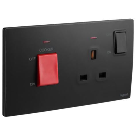 MALLIA SENSES - 2 GANG COOKER UNIT CONTROL - 45A - WITH BS SOCKET OUTLET - 13A - MATT BLACK