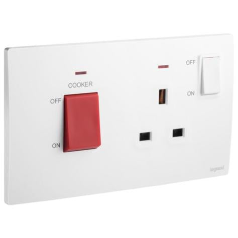 MALLIA SENSES - 2 GANG COOKER UNIT CONTROL - 45A - WITH BS SOCKET OUTLET - 13A - MATT WHITE