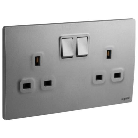 MALLIA SENSES - 2 GANG BS SWITCHED SOCKET OUTLET SINGLE POLE - 13A - WITH 2 EARTH CONNECTION - DARK SILVER