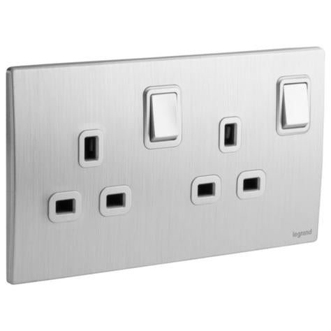 MALLIA SENSES - 2 GANG BS SWITCHED SOCKET OUTLET DOUBLE POLE - 13A - BRUSHED ALUMINIUM