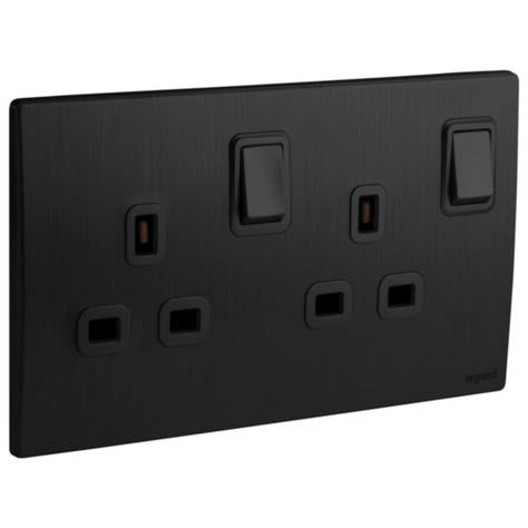 MALLIA SENSES - 2 GANG BS SWITCHED SOCKET OUTLET DOUBLE POLE - 13A - BRUSHED BLACK