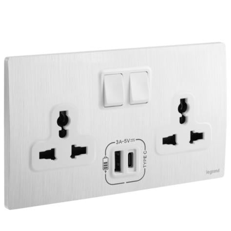 MALLIA SENSES - 2 GANG MULTISTANDARD SWITCHED SOCKET OUTLET WITH 3000 MA A AND C TYPE USB CHARGERS - BRUSHED ALUMINIUM