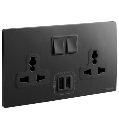 MALLIA SENSES - 2 GANG MULTISTANDARD SWITCHED SOCKET OUTLET WITH 3000 MA A AND C TYPE USB CHARGERS - BRUSHED BLACK
