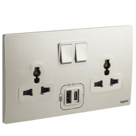 MALLIA SENSES - 2 GANG MULTISTANDARD SWITCHED SOCKET OUTLET WITH 3000 MA A AND C TYPE USB CHARGERS - CHAMPAGNE