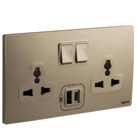 MALLIA SENSES - 2 GANG MULTISTANDARD SWITCHED SOCKET OUTLET WITH 3000 MA A AND C TYPE USB CHARGERS - DARK BRONZE