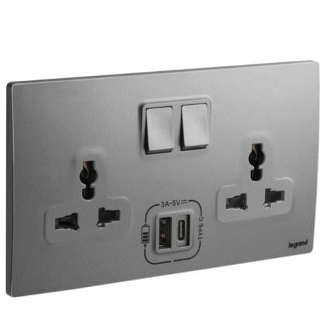 MALLIA SENSES - 2 GANG MULTISTANDARD SWITCHED SOCKET OUTLET WITH 3000 MA A AND C TYPE USB CHARGERS - DARK SILVER