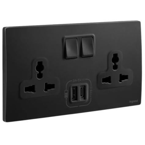 MALLIA SENSES - 2 GANG MULTISTANDARD SWITCHED SOCKET OUTLET WITH 3000 MA A AND C TYPE USB CHARGERS - MATT BLACK