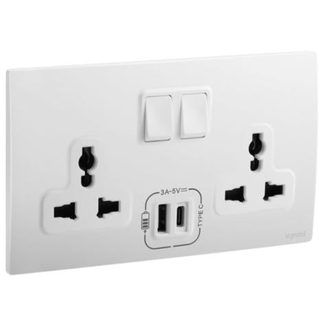 MALLIA SENSES - 2 GANG MULTISTANDARD SWITCHED SOCKET OUTLET WITH 3000 MA A AND C TYPE USB CHARGERS - MATT WHITE