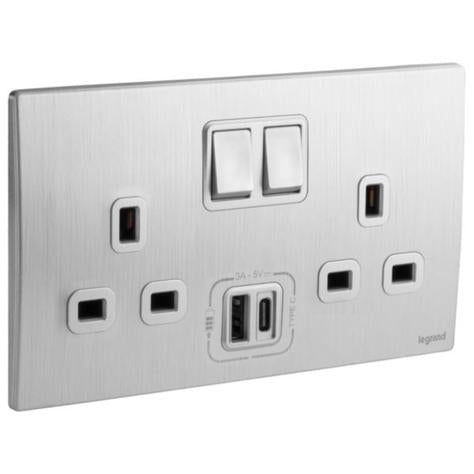 MALLIA SENSES - 2 GANG BS SWITCHED SOCKET OUTLET SINGLE POLE - 13A - WITH 3000MA A AND C TYPES USB CHARGERS - BRUSHED ALUMINIUM