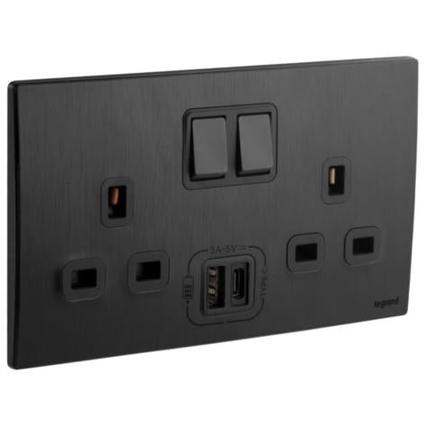 MALLIA SENSES 2 GANG BRITISH STANDARD SWITCHED SOCKET OUTLET SINGLE POLE - 13A - WITH 3000MA A AND C TYPES USB CHARGERS - BRUSHED BLACK