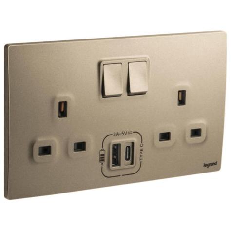 MALLIA SENSES - 2 GANG BRITISH STANDARD SWITCHED SOCKET OUTLET SINGLE POLE - 13A - WITH 3000MA A AND C TYPES USB CHARGERS - DARK BRONZE