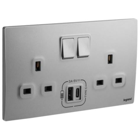 MALLIA SENSES - 2 GANG BRITISH STANDARD SWITCHED SOCKET OUTLET SINGLE POLE - 13A - WITH 3000MA A AND C TYPES USB CHARGERS - DARK SILVER