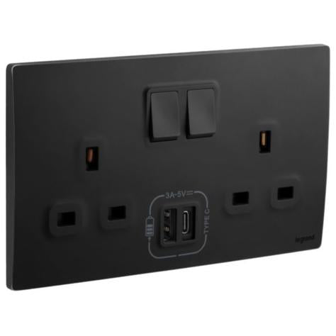 MALLIA SENSES - 2 GANG BRITISH STANDARD SWITCHED SOCKET OUTLET SINGLE POLE - 13A - WITH 3000MA A AND C TYPES USB CHARGERS - MATT BLACK
