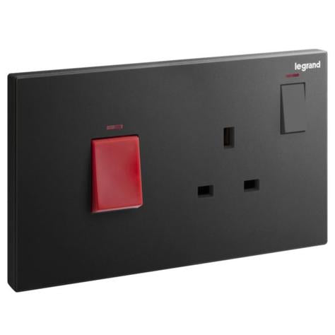 GALION - 2 GANGS COOKER UNIT CONTROL - 45A DOUBLE POLE SWITCH WITH BRITISH STANDARD 13A SWITCHED SOCKET OUTLET - MATT BLACK