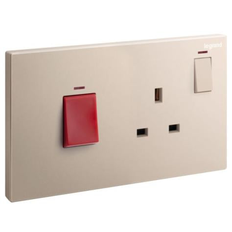 GALION - 2 GANGS COOKER UNIT CONTROL - 45A DOUBLE POLE SWITCH WITH BRITISH STANDARD 13A SWITCHED SOCKET OUTLET - ROSE GOLD