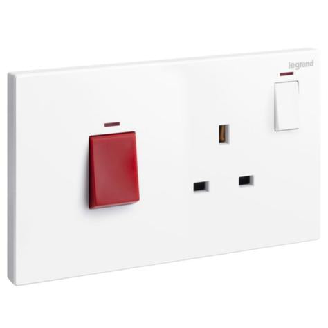 GALION - 2 GANGS COOKER UNIT CONTROL - 45A DOUBLE POLE SWITCH WITH BRITISH STANDARD 13A SWITCHED SOCKET OUTLET - WHITE