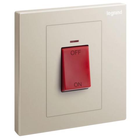 GALION - 1 GANG DOUBLE POLE 45A SWITCH WITH RED POWER INDICATOR AND RED ROCKER - CHAMPAGNE