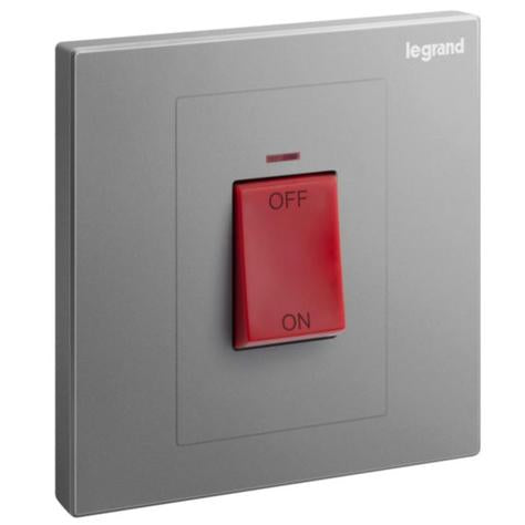 GALION - 1 GANG DOUBLE POLE 45A SWITCH WITH RED POWER INDICATOR AND RED ROCKER - DARK SILVER