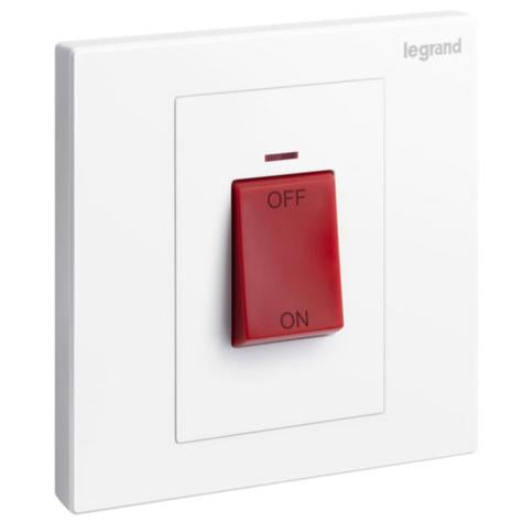 GALION - 1 GANG DOUBLE POLE 45A SWITCH WITH RED POWER INDICATOR AND RED ROCKER - WHITE