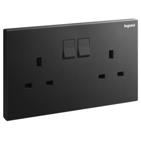 GALION - 2 GANGS BRITISH STANDARD SWITCHED SINGLE POLE SOCKET OUTLET - 13A - MATT BLACK