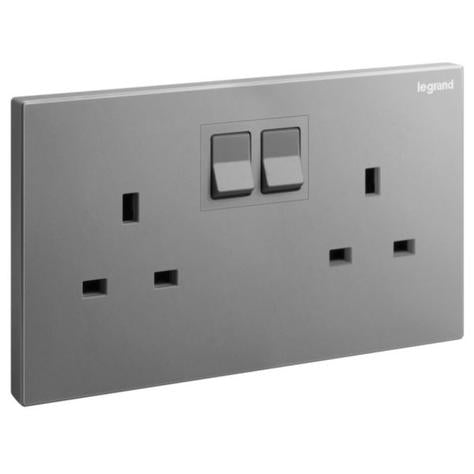 GALION - 2 GANGS BRITISH STANDARD SWITCHED SINGLE POLE SOCKET OUTLET - 13A - DARK SILVER