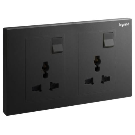 GALION - 2 GANGS MULTISTANDARD SWITCHED SOCKET OUTLET - MATT BLACK