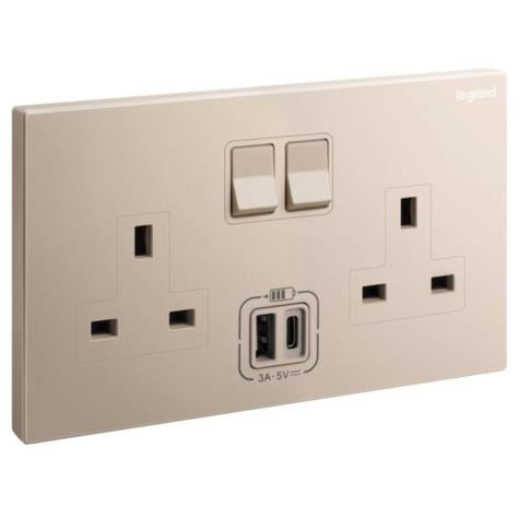 GALION - 2 GANGS BRITISH STANDARD SWITCHED SINGLE POLE SOCKET OUTLET - 13A - WITH 3A TYPE-A AND TYPE-C USB CHARGERS - ROSE  GOLD