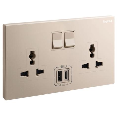 GALION - 2 GANGS MULTISTANDARD SWITCHED SOCKET OUTLET WITH 3A TYPE-A AND TYPE-C USB CHARGERS - ROSE GOLD