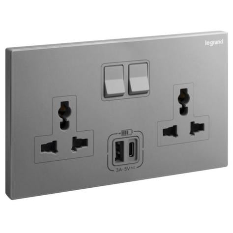 GALION - 2 GANGS MULTISTANDARD SWITCHED SOCKET OUTLET WITH 3A TYPE-A AND TYPE-C USB CHARGERS - DARK SILVER
