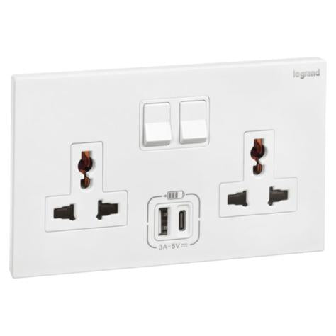 GALION - 2 GANGS MULTISTANDARD SWITCHED SOCKET OUTLET WITH 3A TYPE-A AND TYPE-C USB CHARGERS - WHITE