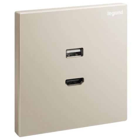 GALION - 1 GANG HDMI SOCKET OUTLET WITH TYPE-A USB DATA SOCKET TRANSFER - CHAMPAGNE