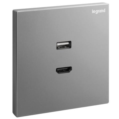 GALION - 1 GANG HDMI SOCKET OUTLET WITH TYPE-A USB DATA SOCKET TRANSFER - DARK SILVER