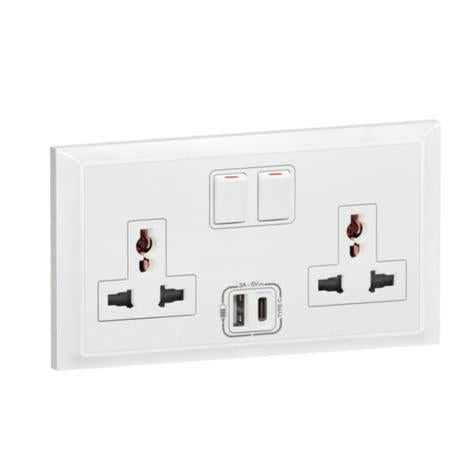BELANKO S - 2 GANG SWITCHED MULTISTANDARD INBOARD + USB (NEW) TYPE A+C WHITE
