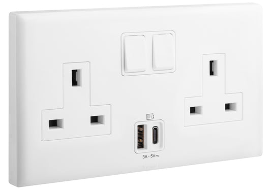 ELOE - 2 GANG BRITISH STANDARD 13A SINGLE POLE SWITCHED SOCKET + USB A+C - WHITE