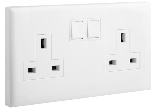 ELOE - 2 GANG BRITISH STANDARD 13A SINGLE POLE SWITCHED SOCKET + NEON - WHITE