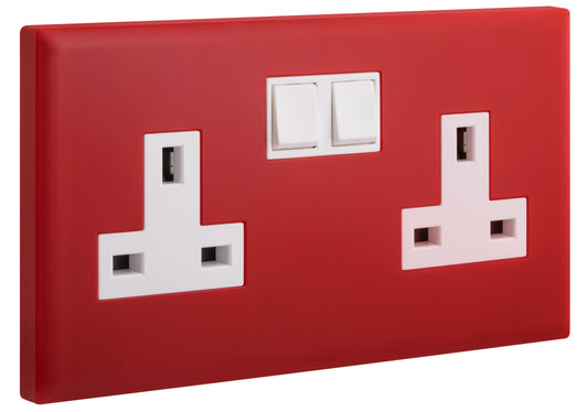 ELOE - 2 GANG BRITISH STANDARD 13A RED SINGLE POLE SWITCHED SOCKET + NEON - WHITE