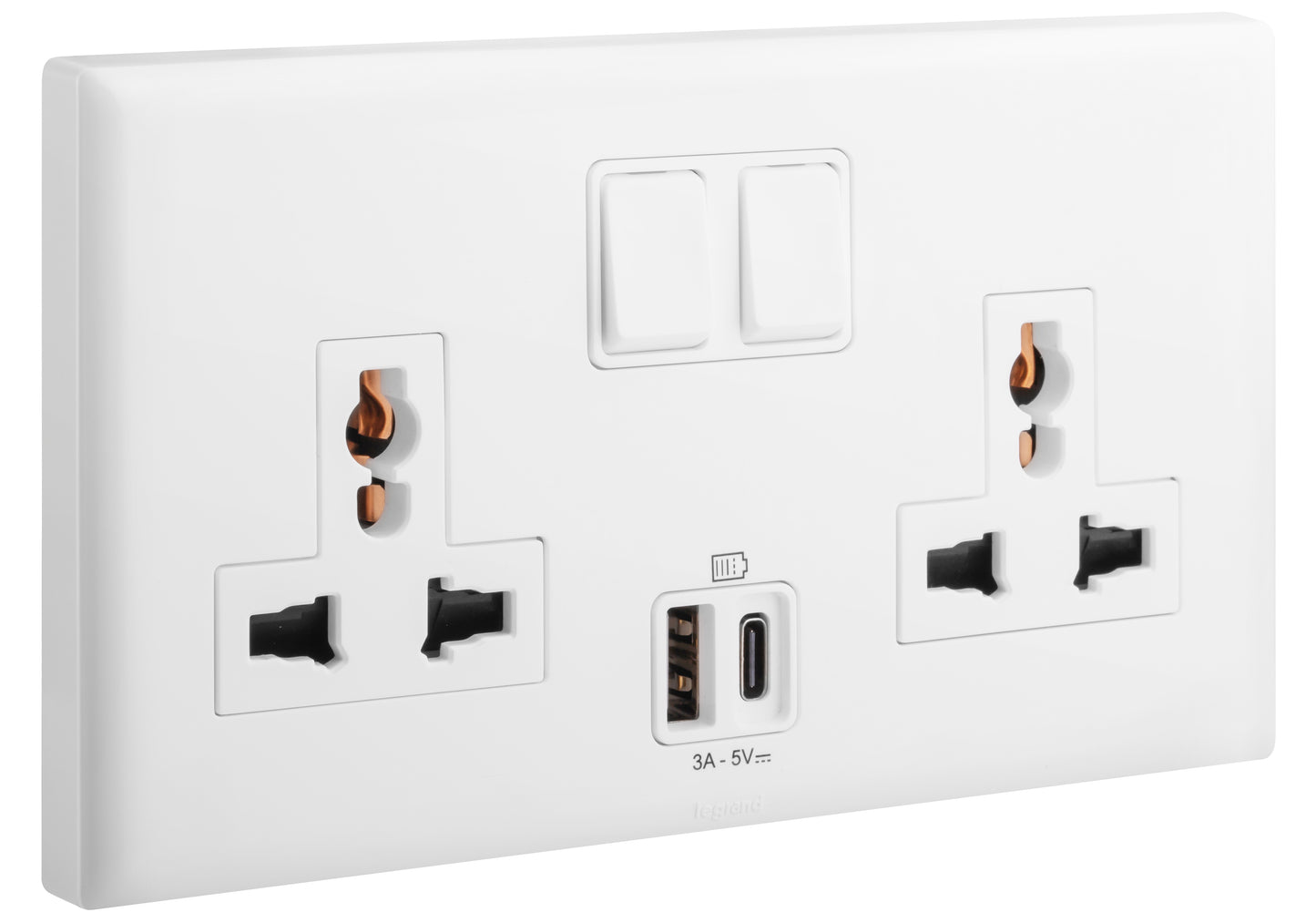ELOE - 2 GANG MULTISTANDARD SINGLE POLE SWITCHED SOCKET + USB A+C - WHITE