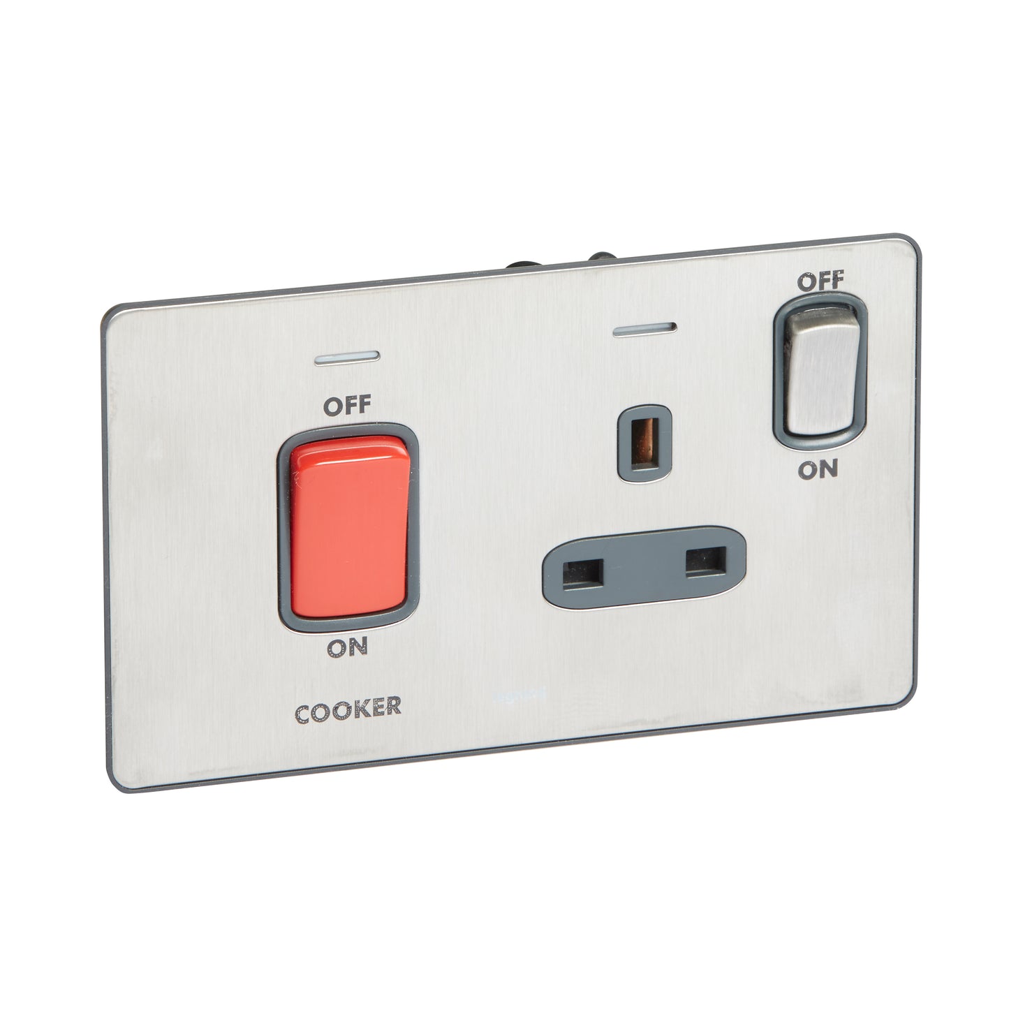 SYNERGY SLEEK - 2GANG DOUBLE POLE SWITCH 45A + BS 13A SWITCHED SOCKET OUTLET COOKER MARKING