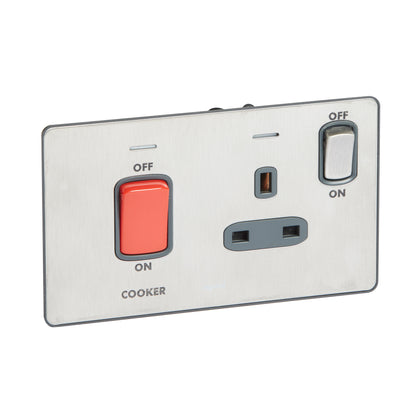 SYNERGY SLEEK - 2GANG DOUBLE POLE SWITCH 45A + BS 13A SWITCHED SOCKET OUTLET COOKER MARKING