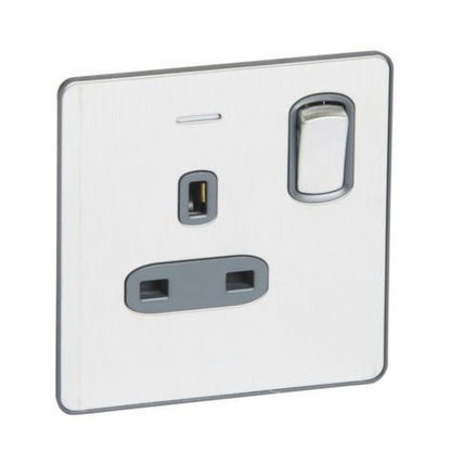 SYNERGY SLEEK - 1 GANG SWITCHED SINGLE POLE BS SOCKET OUTLET 13A + BLUE LED POWER INDICATOR