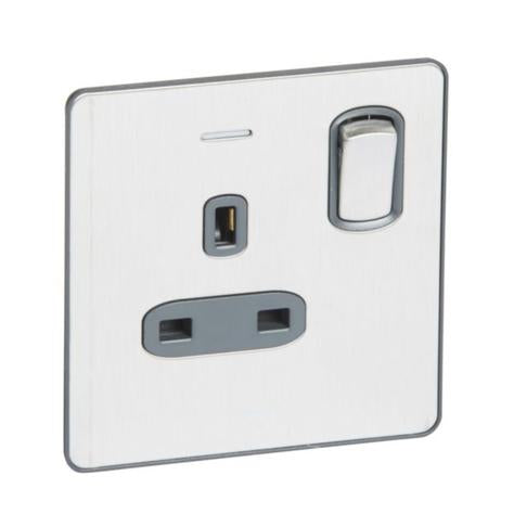 SYNERGY SLEEK - 1 GANG SWITCHED SINGLE POLE BS SOCKET OUTLET 13A + BLUE LED POWER INDICATOR