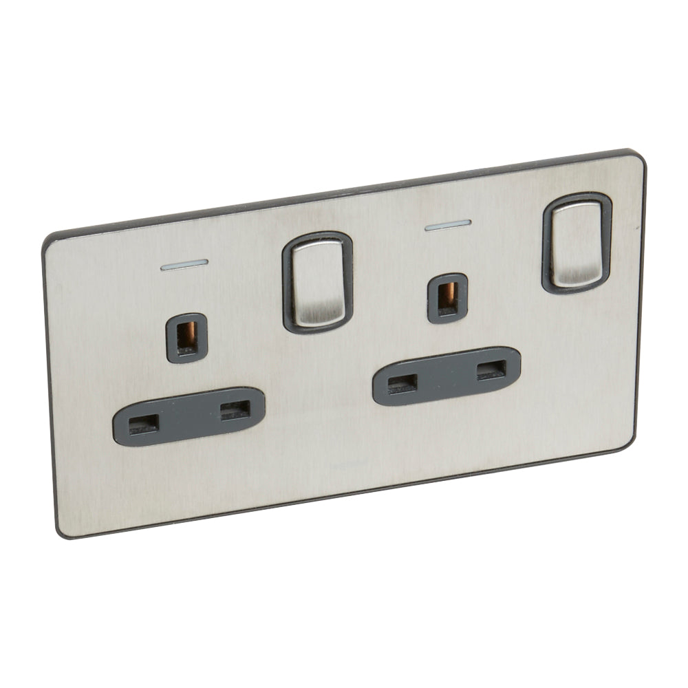 SYNERGY SLEEK - 2 GANG SWITCHED DOUBLE POLE BS SOCKET OUTLET 13A + BLUE LED POWER INDICATOR