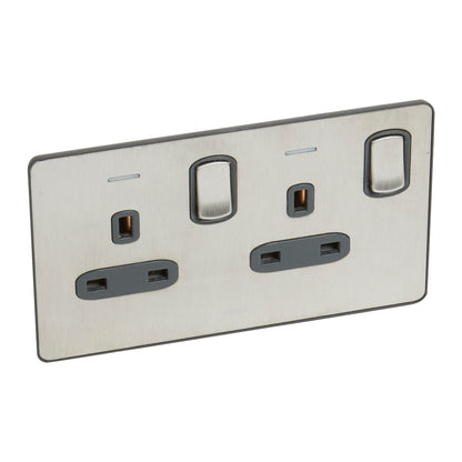 SYNERGY SLEEK - 2 GANG SWITCHED DOUBLE POLE BS SOCKET OUTLET 13A + BLUE LED POWER INDICATOR