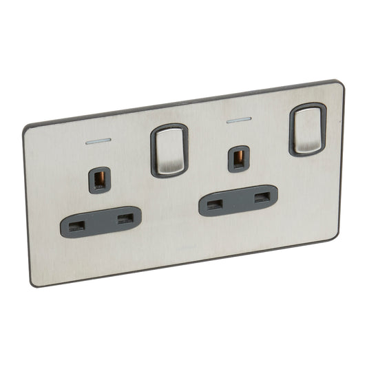 SYNERGY SLEEK - 2 GANG SWITCHED DOUBLE POLE BS SOCKET OUTLET 13A + BLUE LED POWER INDICATOR