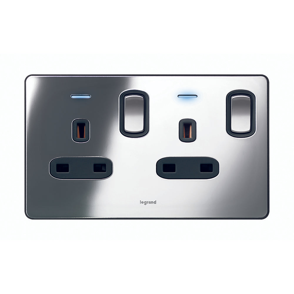 SYNERGY SLEEK - 2 GANG SWITCHED SINGLE POLE BS SOCKET OUTLET 13A + BLUE LED POWER INDICATOR