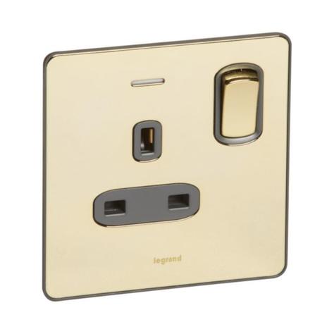 SYNERGY SLEEK - 1 GANG SWITCHED SINGLE POLE BS SOCKET OUTLET 13A + BLUE LED POWER INDICATOR