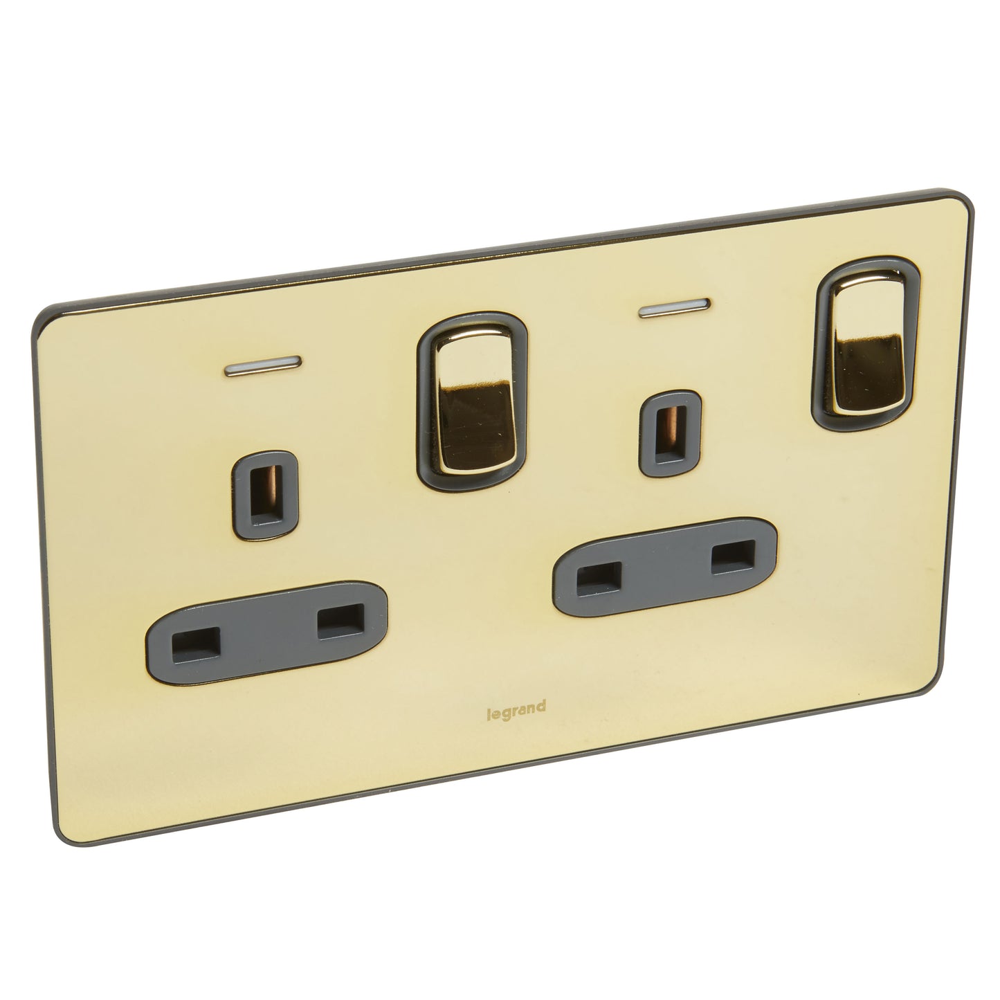 SYNERGY SLEEK - 2 GANG SWITCHED DOUBLE POLE BS SOCKET OUTLET 13A + BLUE LED POWER INDICATOR